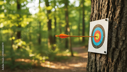 Orange arrow hits bullseye on colorful archery target. Target mounted on tree trunk in forest. Outdoor sport, focus, precision, accuracy achieved. Archery / Target Shooting