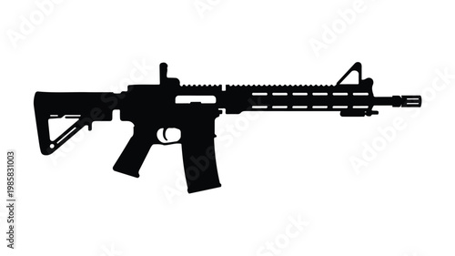 A black silhouette illustration of a modern assault rifle on white