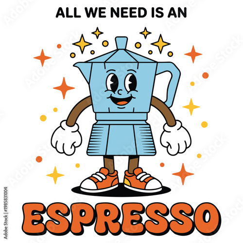 Vintage espresso maker mascot character with stars and typography for coffee lover poster.