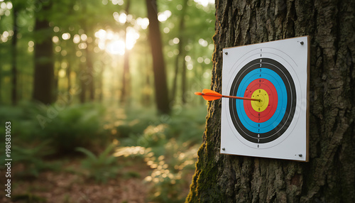 Orange arrow hits bullseye on colorful archery target. Target mounted on tree trunk in forest. Outdoor sport, focus, precision, accuracy achieved. Archery / Target Shooting