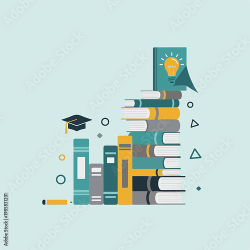 Stack of colorful hardcover books with a lightbulb icon and graduation cap representing educational success and academic learning progress