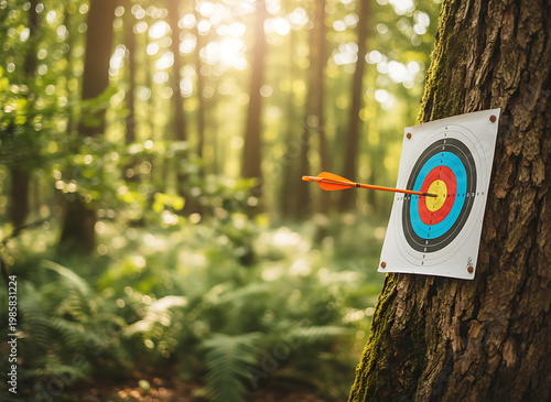 Orange arrow hits bullseye on colorful archery target. Target mounted on tree trunk in forest. Outdoor sport, focus, precision, accuracy achieved. Archery / Target Shooting