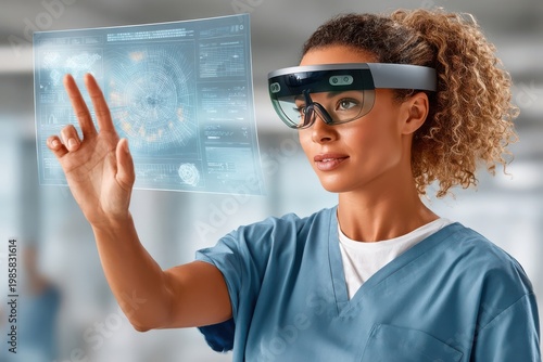 Female healthcare worker in AR headset interacting with holographic interface in a futuristic factory facility