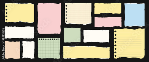Isolated Pastel Ripped and Torn Paper Bundle Flat Style Scrapbook Elements Set with Lined Grid and Blank Pieces for Creative Design
