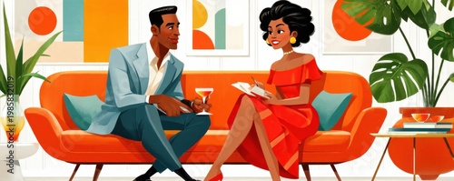 Stylish couple sitting on an orange couch having a relaxed conversation in a modern living room