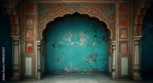 Ornate Archway with Peeling Turquoise Wall, Architectural Detail, Copy Space