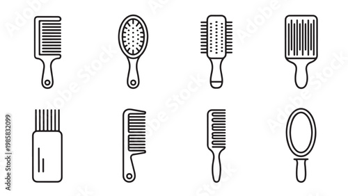Collection of various hairbrush and comb line art icons for hair care and styling