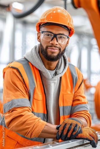 Industrial worker in high-visibility orange safety gear with hard hat and gloves on a metal railing