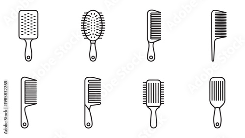 Collection of various hairbrush and comb line art icons for hair care and styling