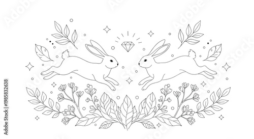Whimsical line art illustration shows two rabbits jumping towards each other among a field of wild flowers and leaves.