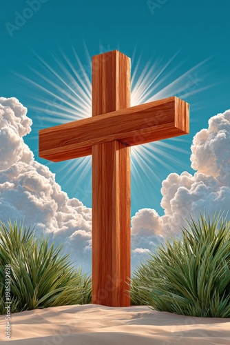 Wooden cross in grass with radiant sky and clouds at sunrise symbolizing faith and hope