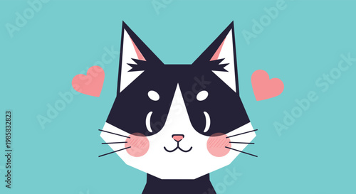 Cute cartoon illustration of a black and white tuxedo cat with rosy cheeks and pink hearts on a light blue background.
