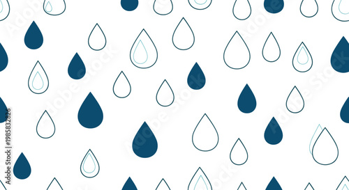 Seamless pattern of blue and white raindrops in various sizes and styles falling against a plain white background.