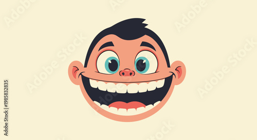 Happy cartoon boy with big expressive eyes and a wide smile showing off large white teeth against a cream background.
