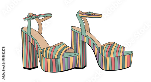 Pair of stylish platform sandals with colorful vertical stripes and ankle straps for a trendy summer fashion look.