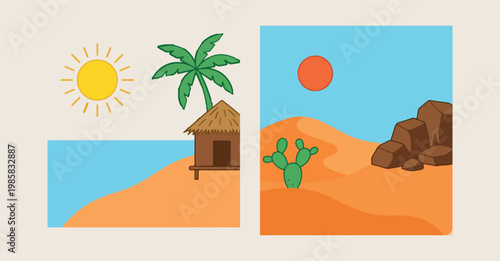 tropical beach and desert landscapes with palm trees and dunes, minimalist flat vector nature art, aesthetic summer vacation illustration, modern sun and sand scenery, creative travel and exploration 