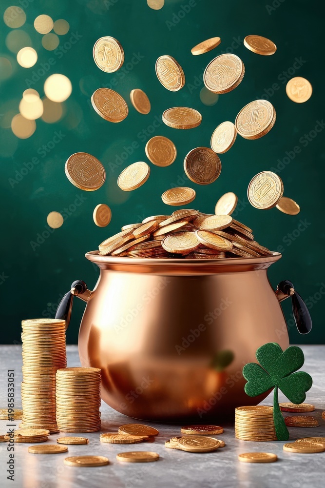 Fototapeta premium Pot of gold overflowing with coins and shamrock for St. Patrick's Day celebration and luck