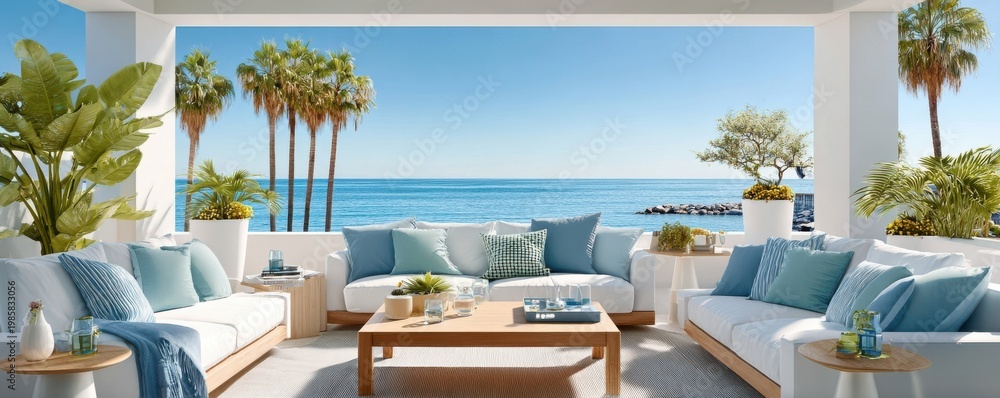 Obraz premium Relaxing outdoor white terrace lounge with sofas overlooking the ocean and palm trees at sunrise