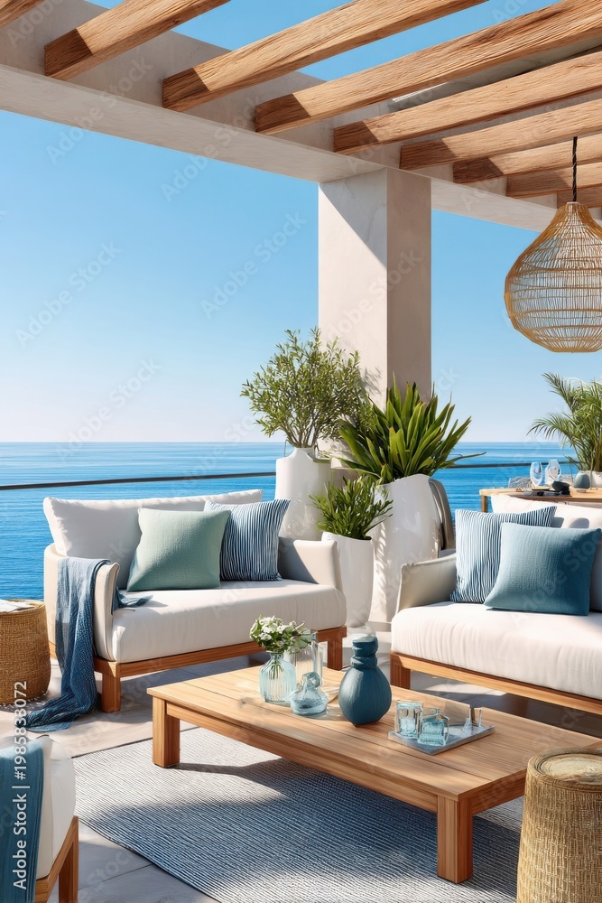 Obraz premium Relaxing coastal terrace with white sofas, wooden coffee table, cushions and ocean view