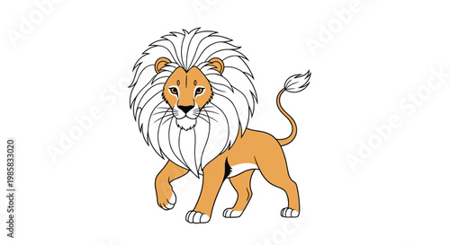 Colorful illustration of a majestic lion walking across a clean white background featuring a full mane and detailed features.