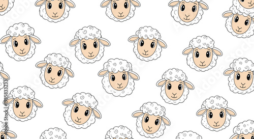Seamless pattern design showcasing cute cartoon sheep faces with white wool and friendly expressions on white backdrop.