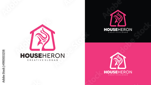 Modern Heron Bird and House Line Art Logo, Minimalist Property and Wildlife Symbol for Boutique Hotel