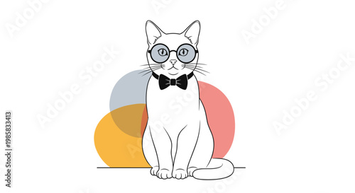 Sophisticated white cat wearing round glasses and a black bow tie sits calmly in front of abstract circles.