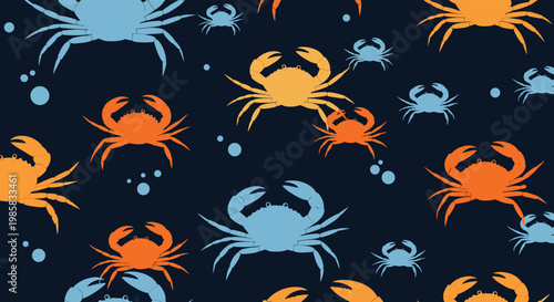 Nautical seamless pattern features a variety of orange and blue crabs swimming among small bubbles on a navy background.