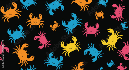 Vibrant repeating pattern of colorful crabs in shades of yellow, blue, and pink is scattered across a black background.