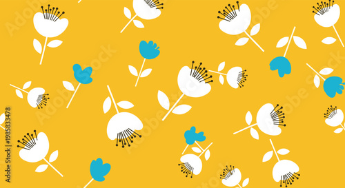Simple and modern floral pattern displays white and blue flower heads with thin stems over a warm yellow background.