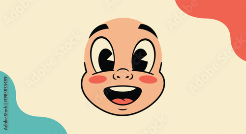 Cheerful cartoon face of a small child with rosy cheeks and a wide happy smile is set against an abstract background.