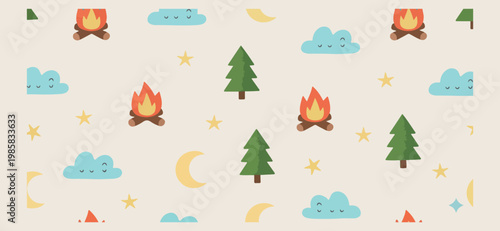 outdoor camping and hiking scene with forest, campfire and pine trees, minimalist flat vector landscape, adventure and travel concept art, aesthetic nature exploration illustration, modern simple wood