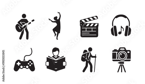 Icons representing hobbies and leisure activities in a clean modern style