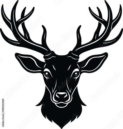 The majestic silhouette of a deer head with prominent antlers in striking black and white contrast Vector, illustration