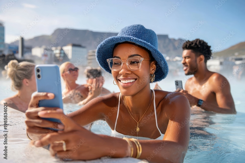 Fototapeta premium Young woman taking a selfie with friends in a sunny outdoor pool while relaxing on vacation