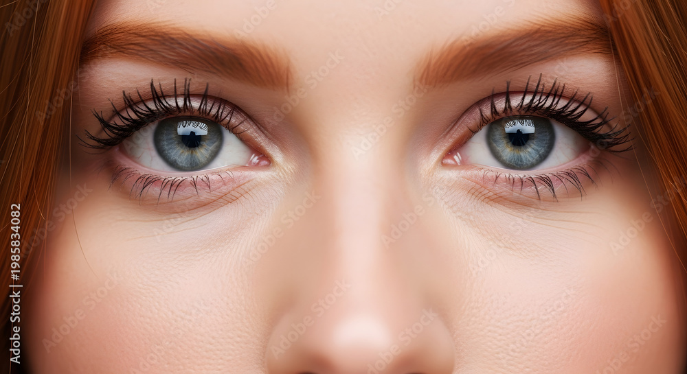 Fototapeta premium Close-up of woman's green eyes with dramatic false eyelashes and soft makeup. Generated AI