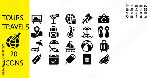 Black icons for tours and travels on white background