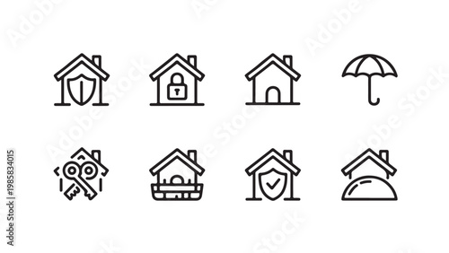 Minimalist house insurance and security line icons set for property protection services