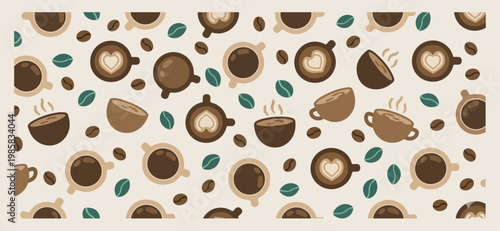 coffee beans and cups seamless pattern illustration, hand drawn doodle cafe background, flat vector coffee lover wallpaper, creative kitchen textile design, aesthetic brown and beige caffeine art, mod