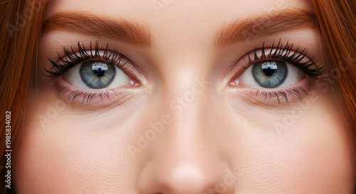 Close-up of woman's green eyes with dramatic false eyelashes and soft makeup. Generated AI