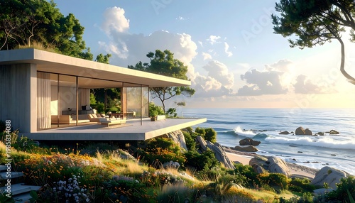 A modern house on a cliffside overlooking the ocean at sunset (2)