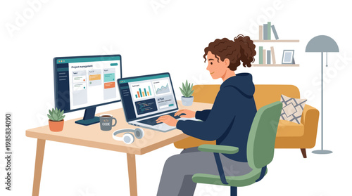 Person working at desk with dual computer monitors.