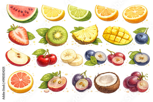 fruit slice illustration, fruit slice set, sliced fruit collection, colorful fruit slices, fresh fruit, juicy fruit, tropical fruit, citrus slices, healthy food, organic fruit, food illustration, bota