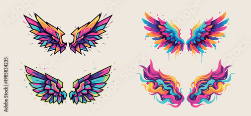 Colorful angel wings art, vibrant eagle wing vector, mythical bird wing illustration, creative fantasy wing design, rainbow feather art graphics, artistic flight symbol set, modern tattoo wing style
T