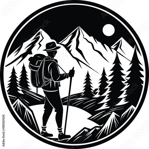 The Adventurous Hiker Exploring Majestic Mountain Peaks Under the Night Sky Vector, illustration