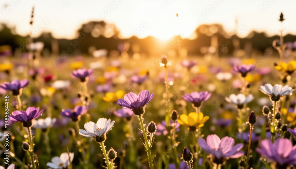 Fototapeta premium A field is filled with colorful flowers, showcasing a variety of vibrant blooms. In the background, sunlight illuminates the flowers, enhancing their colors.