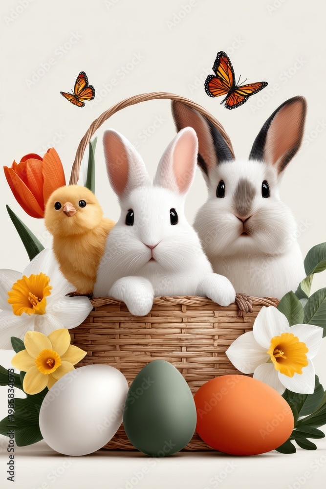 Fototapeta premium Easter bunnies and chick in a wicker basket with colorful eggs and spring flowers