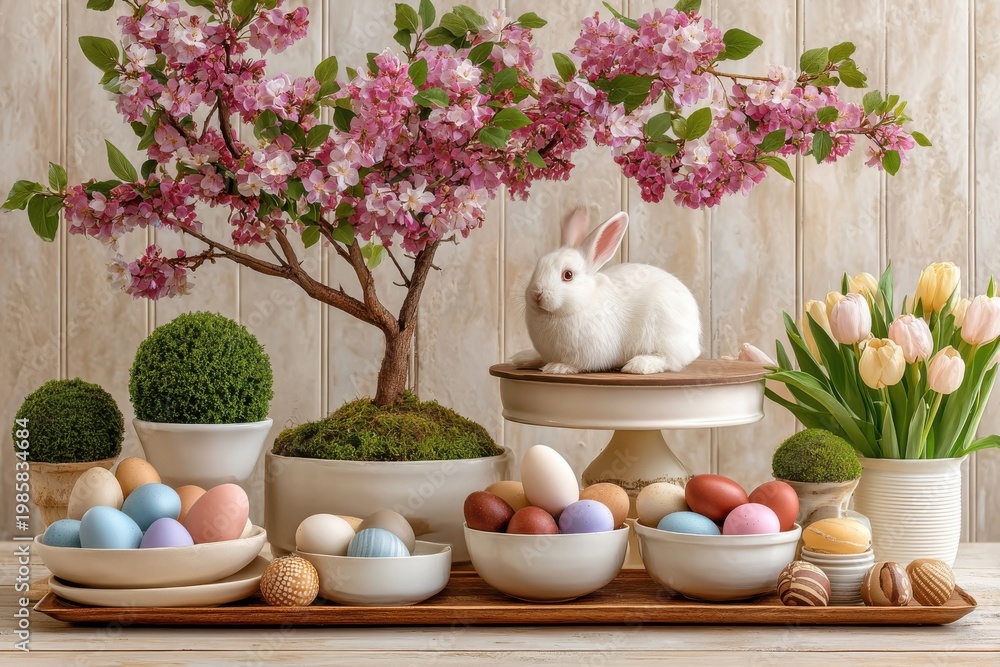 Fototapeta premium Easter table centerpiece with white rabbit, pastel eggs and blooming spring flowers on wood