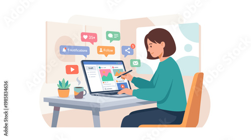 Woman At Computer Desk Working With Tablet.