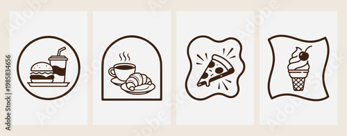 Coffee cup breakfast croissant icon, fast food pizza slice, cafe restaurant menu art, minimalist food and drink, morning snack vector set, casual dining illustration, bistro coffee shop badge
